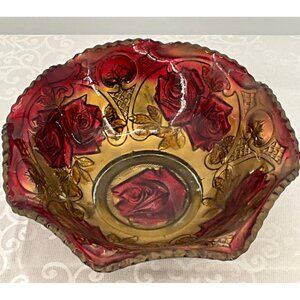 Victorian Goofus Vintage Rose-Patterned Red & Gold Glass Bowl Approximately 9"x3